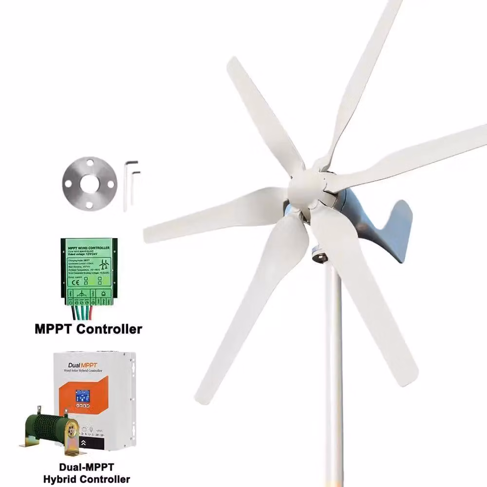 Turbina eolica da 3000W - Generatore eolico orizzontale SP-3000 - 24V, sistema autonomo - 6 pale in nylon - Motore a magneti permanenti trifase - Regolatore di carica duale MPPT