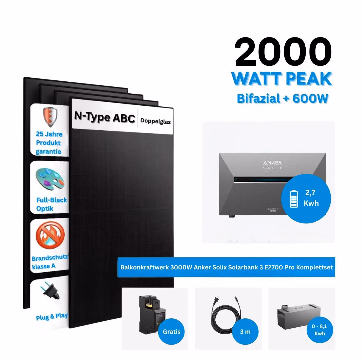 Anker SOLIX Solarbank 3 E2700 Pro Impianto fotovoltaico da balcone con accumulatore e pannello solare da 500 W Set completo - Solarbank 3 E2700 Pro + BP 2700 ×1 + 500 W×4