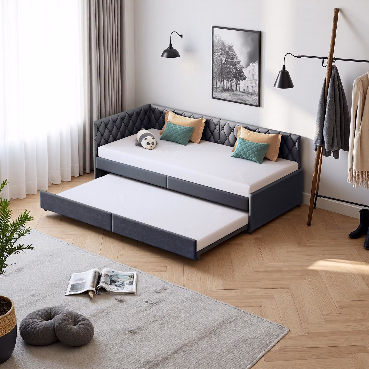 Divano-letto allungabile 90x200 cm in velluto grigio, trasformabile in letto matrimoniale, comodo e pratico per risparmiare spazio