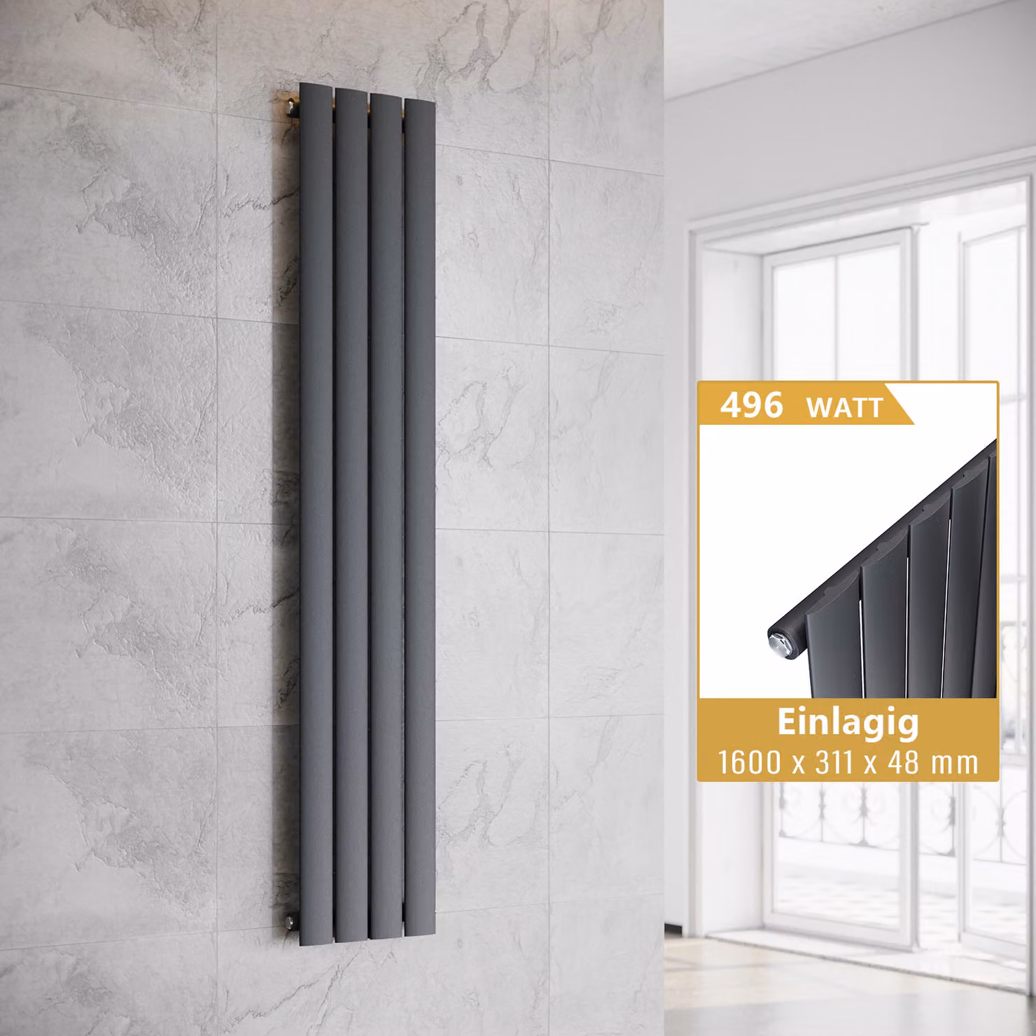 SONNI Radiatore verticale di design a pannello, monostrato, antracite, 1600×311 mm, senza resistenza
