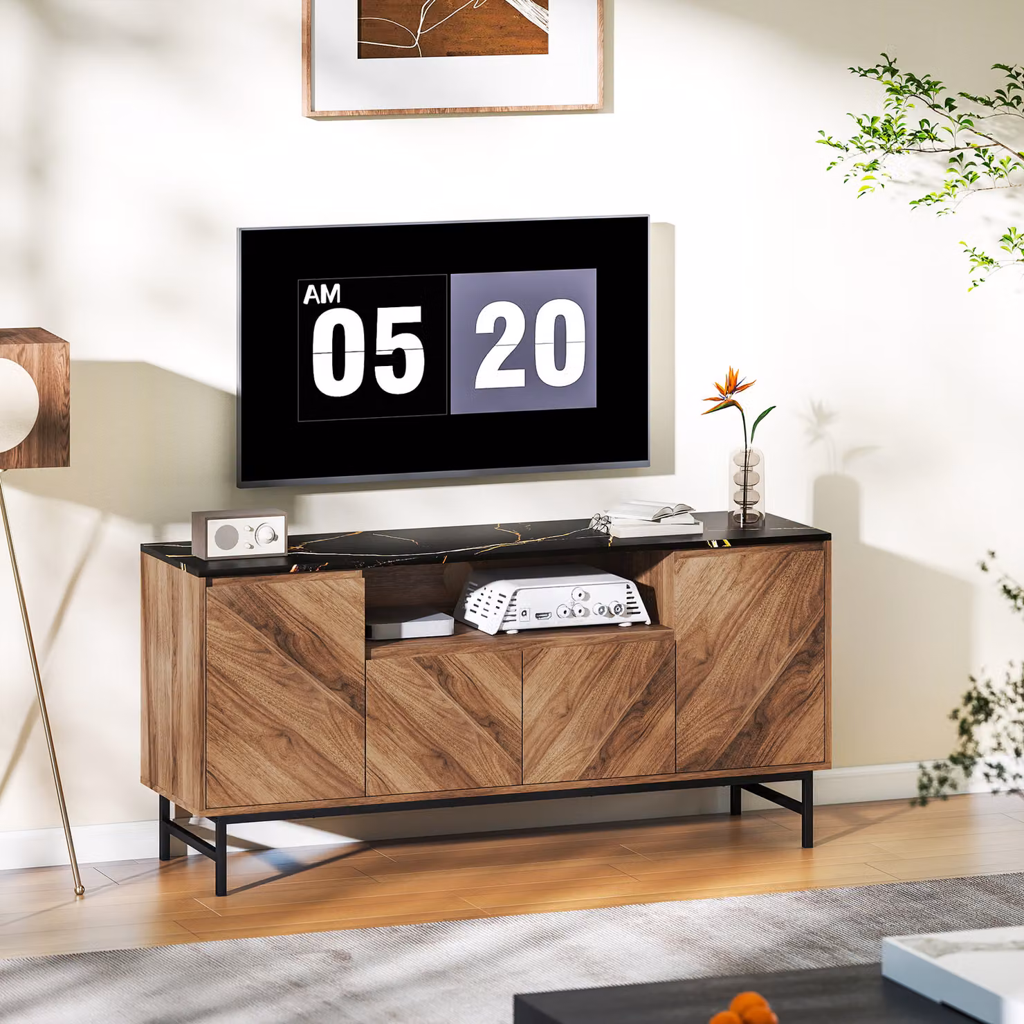 Mobile TV HOMCOM in legno con vano aperto e passacavi, effetto marmo, Marrone, L 140 cm x P 39 cm x H 66 cm – 2