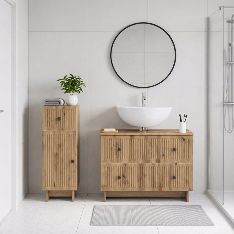 Set di 2 mobili da bagno moderni vidaXL in legno rovere marrone con ante a cerniera e ripiani interni