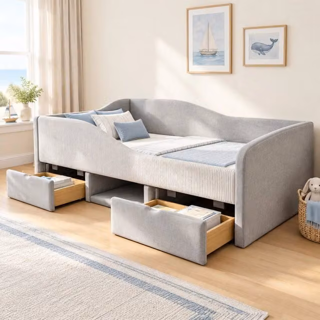 Letto imbottito ULEVR 90x190 cm con 2 cassetti, sponde di protezione e vano portascarpe, velluto grigio