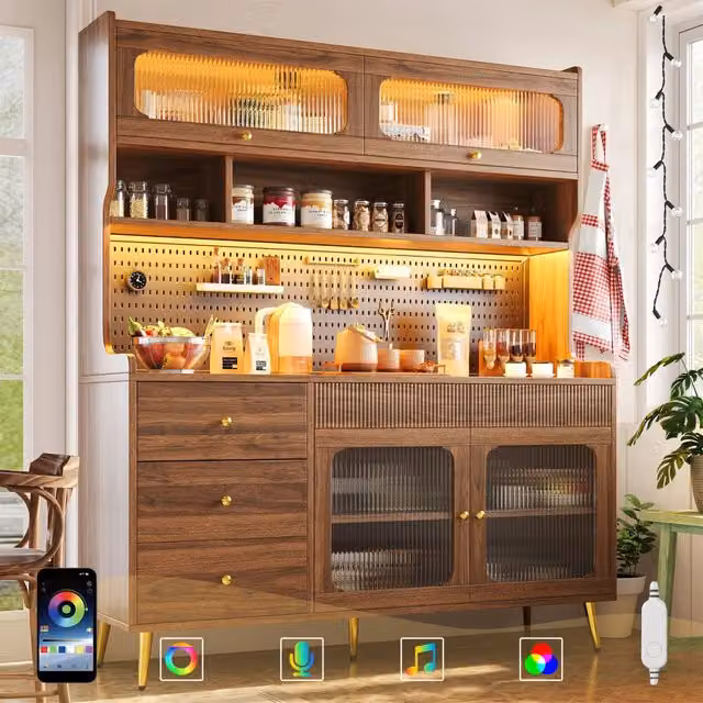 Mobile Alto Multiuso con LED, Cassetto e Ripiani in Vetro ¨C Xylo ¨C Noce, 145x39x171
