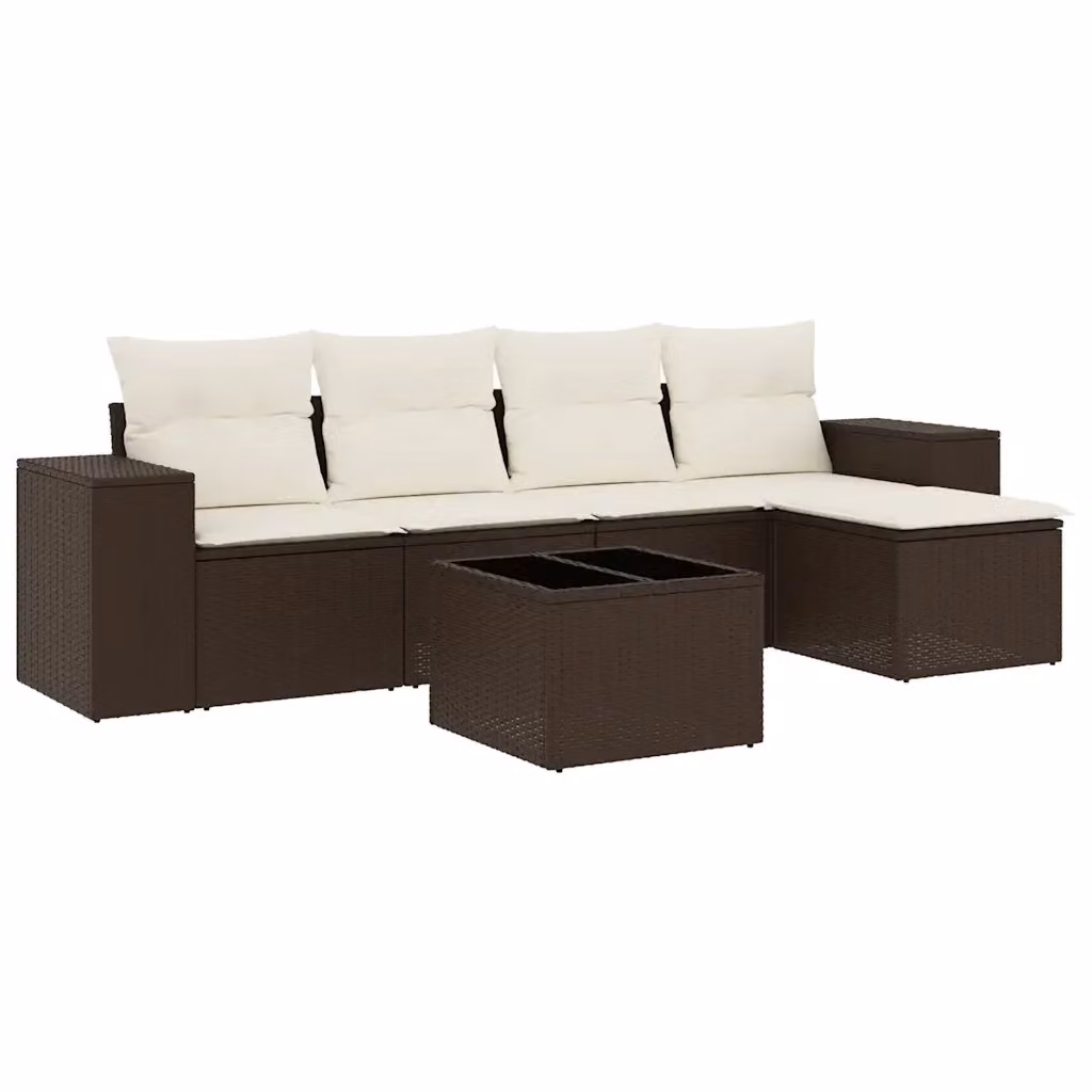vidaXL Set Divano da Giardino a L 6 pz in Polyrattan Marrone con Cuscini e Tavolino – 2