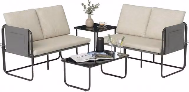 Set divano giardino 4 pezzi 2 posti con tavolini vetro cuscini fodere rimovibili cachi ¨C Xylo