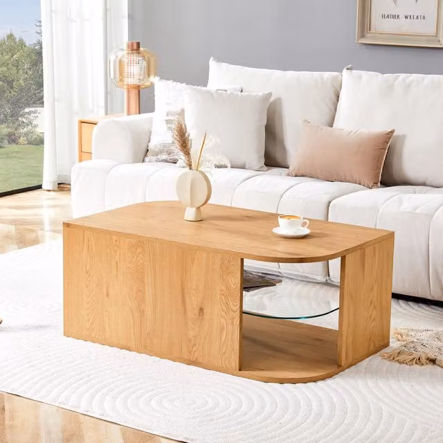 Tavolino da salotto REDOM in stile scandinavo con piano in vetro trasparente e struttura in MDF marrone, L: 60 cm, P: 100 cm, H: 42 cm