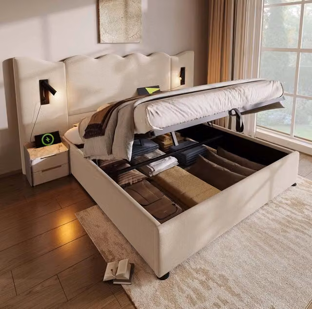Letto contenitore imbottito ULEVR 160x200 cm con lampade orientabili, USB e Type-C, lino beige