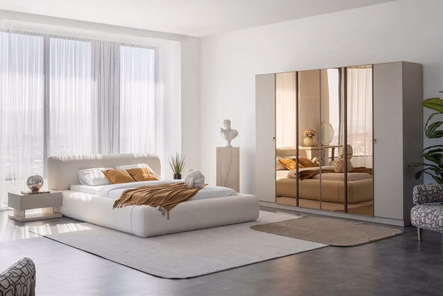 Set da camera da letto: letto, 2 comodini, armadio, beige, stile moderno