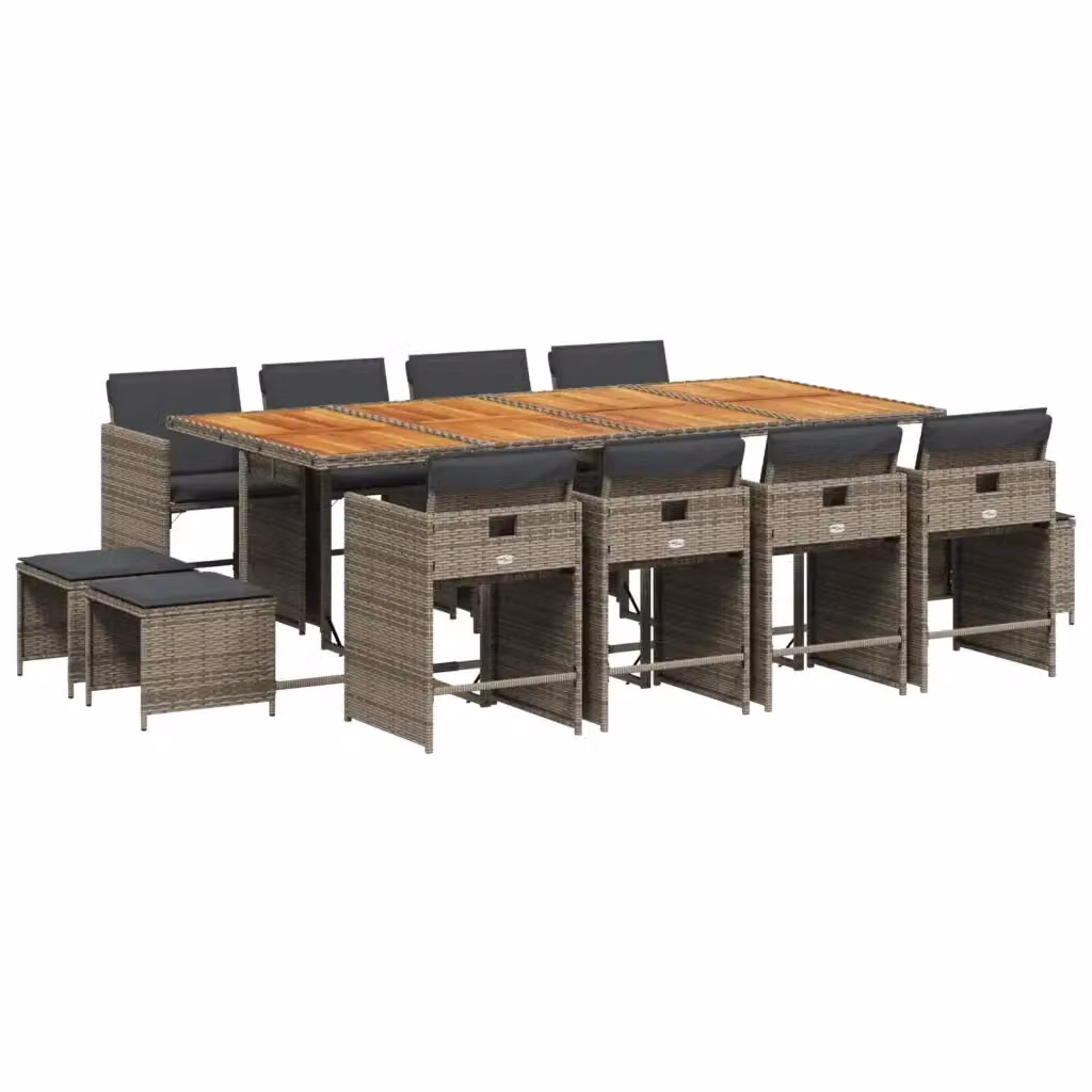 Set da Pranzo da Giardino vidaXL in Polyrattan e Legno di Acacia con 13 Pezzi e Cuscini Grigio e Marrone – 2