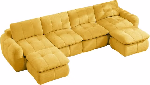 Divano modulare a U 4 posti senza telaio in chenille gialla, sedute ampie e profonde con 2 pouf, senza necessità di montaggio