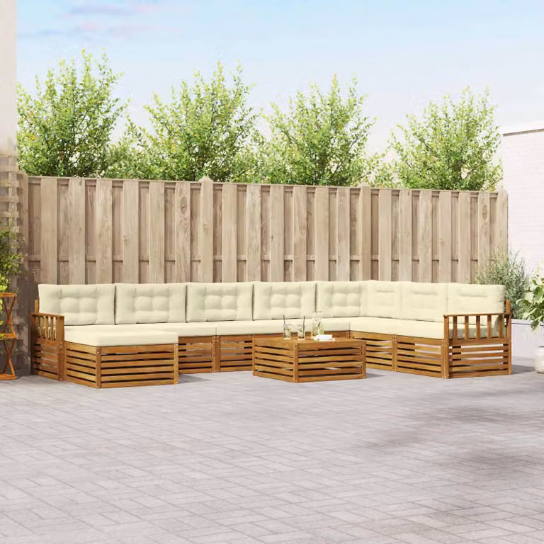 vidaXL Set di divani da esterno a L in legno di acacia con 9 pezzi, colore beige e bianco