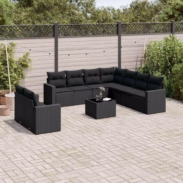 Set di Divani da Giardino a L vidaXL in Polyrattan Nero con Cuscini e Tavolino da Esterno