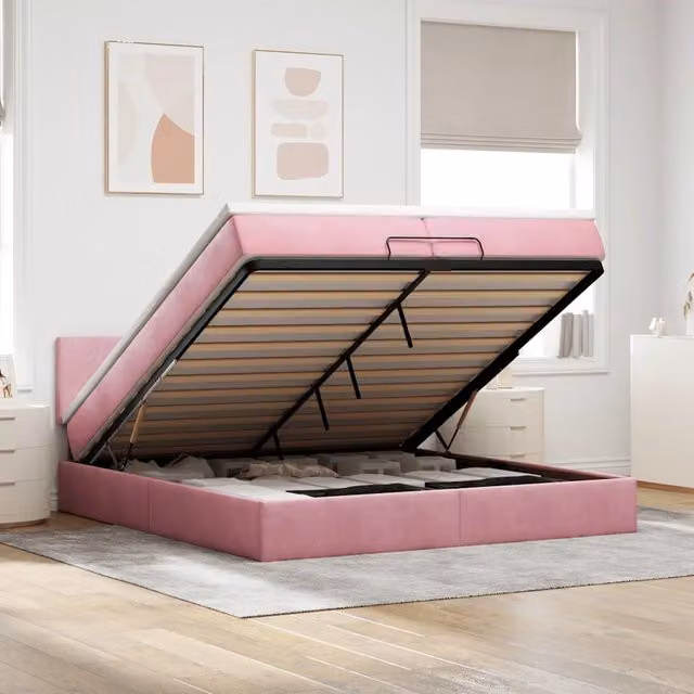 Letto con contenitore a sollevamento e pouf vidaXL in velluto rosa e bianco, con illuminazione sottostante e porta di ricarica USB, L/P/H: 200 x 200 x 88 cm