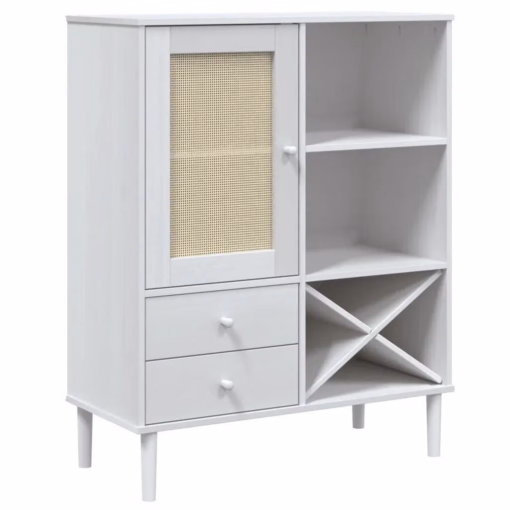 Credenza SENJA vidaXL in legno di pino massello e rattan, colore bianco, L 90 cm, P 40 cm, H 112 cm – 2