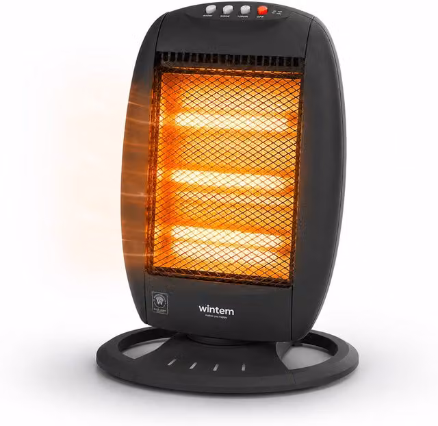 Stufa Alogena Wintem da 1200W con 3 Elementi, Riscaldamento a Infrarossi e Oscillazione Automatica, Colore Nero