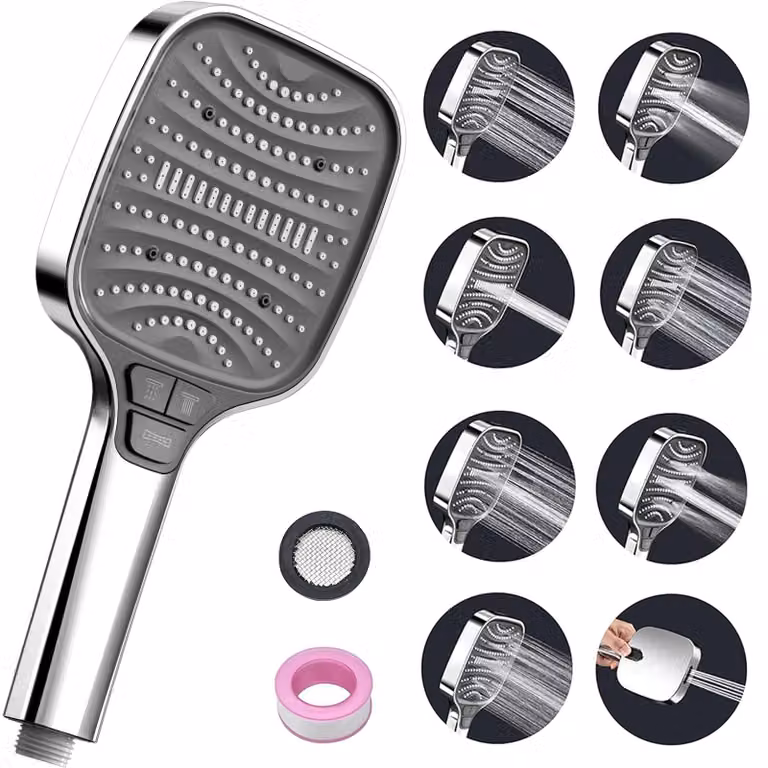 Doccia con 8 diverse tipologie di getto, soffione doccia grande, doccetta manuale, a risparmio idrico, finitura argento, per bagno