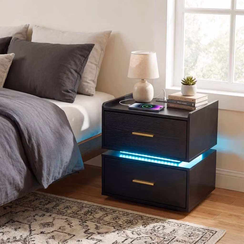 Comodino moderno DESIGN IN con illuminazione LED e 2 cassetti, tavolino nero per camera da letto e soggiorno, L/P/H: 48 x 40 x 45 cm – 2