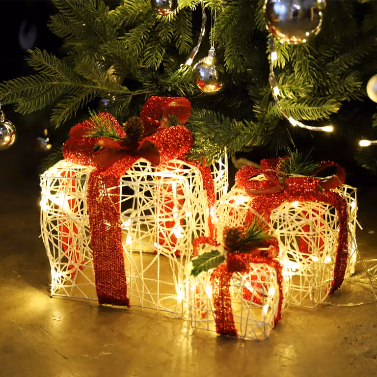 SALCAR Set di 3 luci natalizie a LED confezione regalo Luci natalizie con fiocco, luci decorative per interni con 8 modalità, bianco caldo