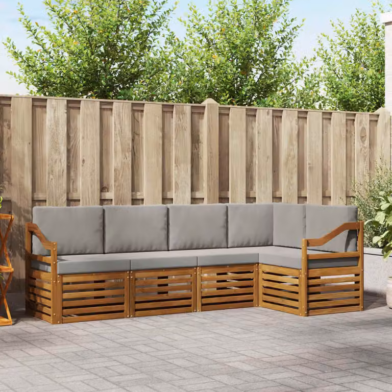 Set di divani da esterno vidaXL a forma di L in legno di acacia con cuscini, Grigio e Bianco