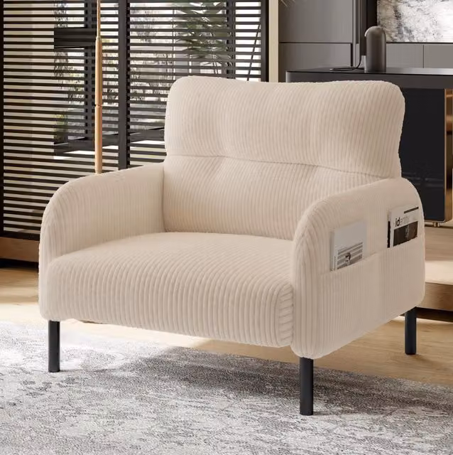 Poltrona singola MODFU in velluto a coste beige con struttura in metallo e tasca laterale L: 67 cm, P: 75 cm, H: 79 cm