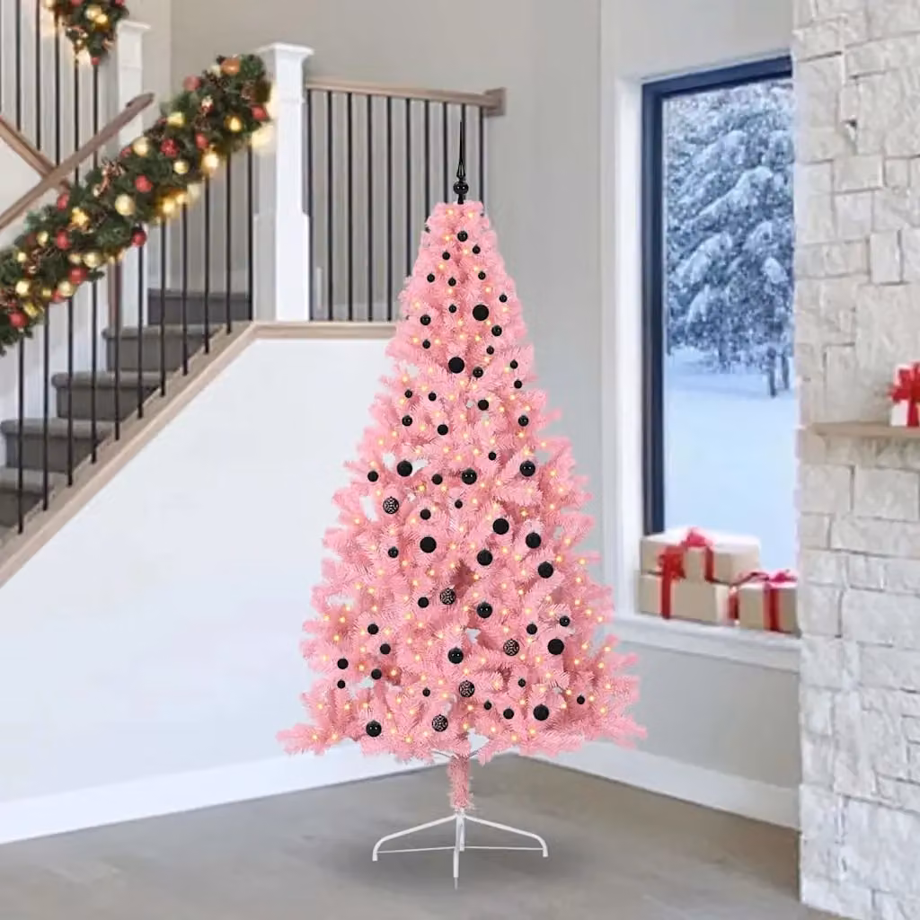 Albero di Natale artificiale moderno in PVC rosa con luci LED bianco caldo, Altezza: 240 cm – 2