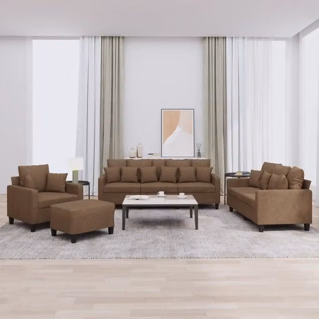 Set di divani 4 pezzi vidaXL in tessuto marrone con pouf e cuscini per soggiorno moderno – 1