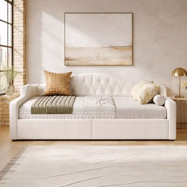 Letto da giorno imbottito 140x200 cm con LED laterali e vano contenitore; beige