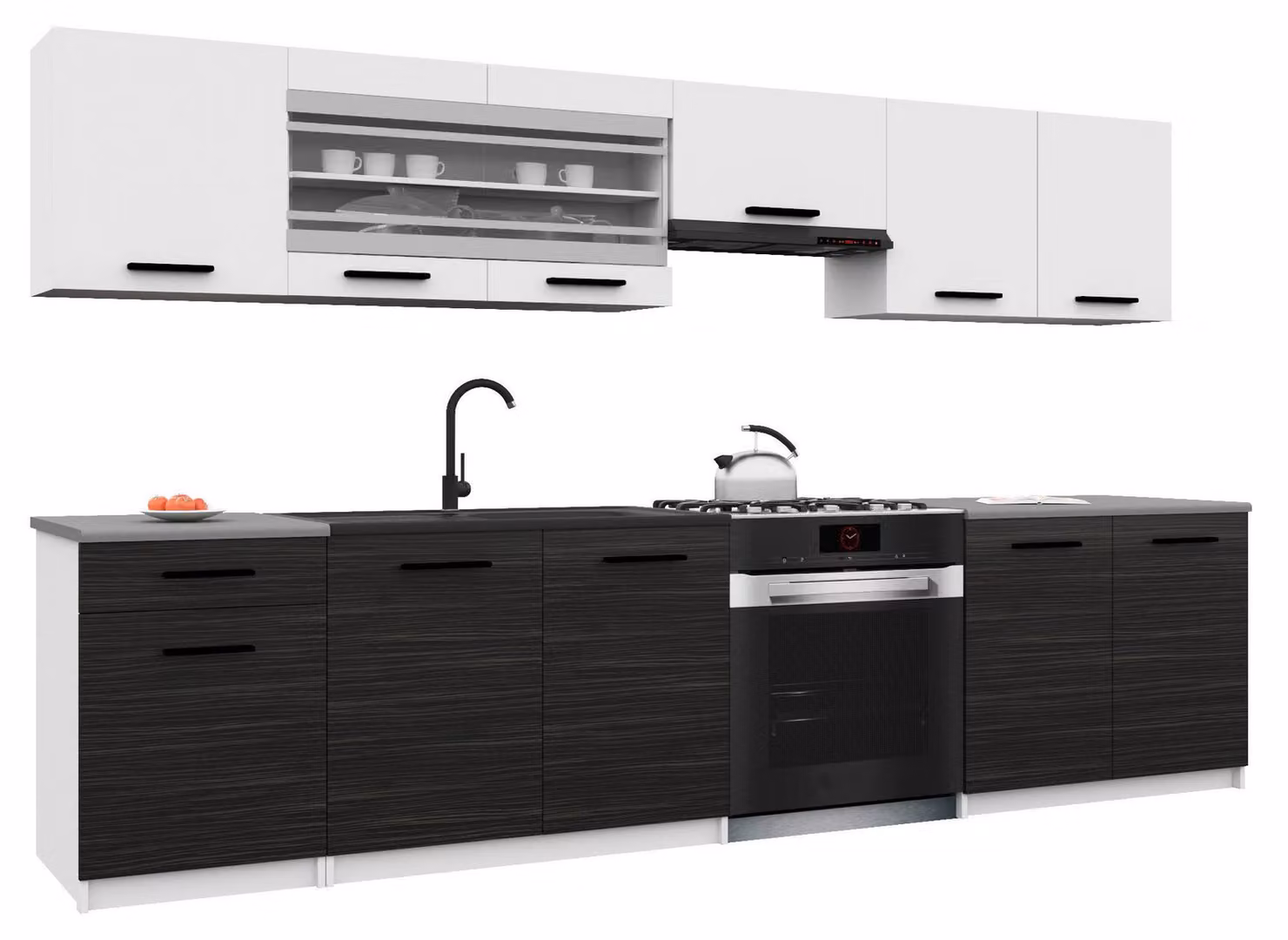Belini - Angolo cottura moderno ITALIA 4 - Mobili da cucina 260 cm bianco-ebano - Cucina componibile con pensili, mobili base e piani di lavoro