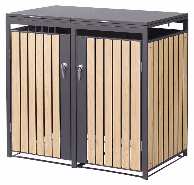 Contenitore per bidoni della spazzatura ML-Design, modello a 2 scomparti, per 2 bidoni da 240 litri, dimensioni 132x80x120 cm, finitura effetto legno di larice antracite, acciaio, resistente agli agenti atmosferici e con chiusura a chiave