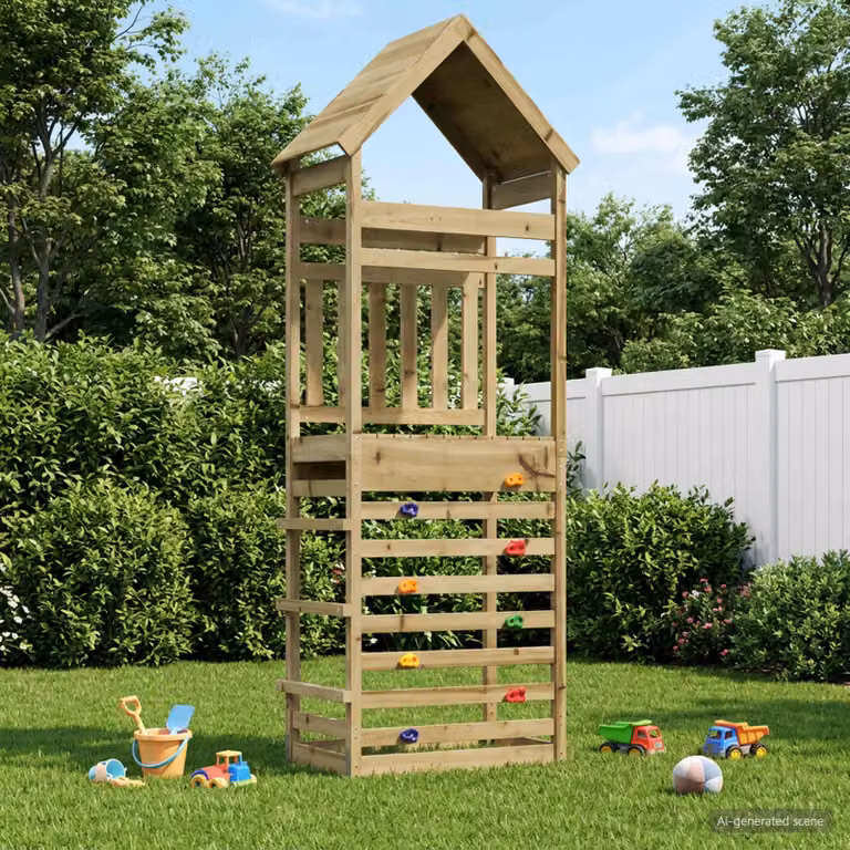 Torre da gioco per esterni vidaXL in legno marrone con scivolo e tettoia, L: 53 cm, P: 85 cm, H: 264 cm
