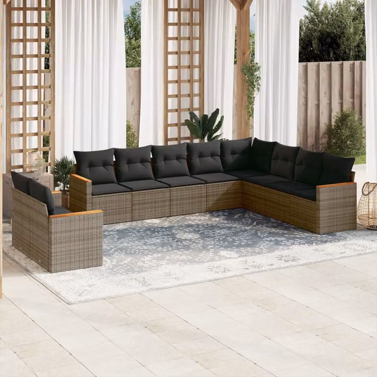 vidaXL Set Divano da Giardino 10 pz a forma di U in Polyrattan Grigio con Cuscini e Struttura in Acciaio