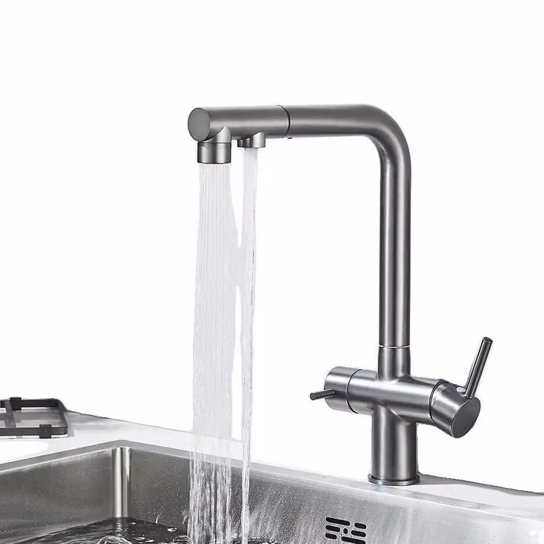 Miscelatore da cucina a due maniglie, acqua fredda e calda, bocca estraibile per acqua filtrata, grigio