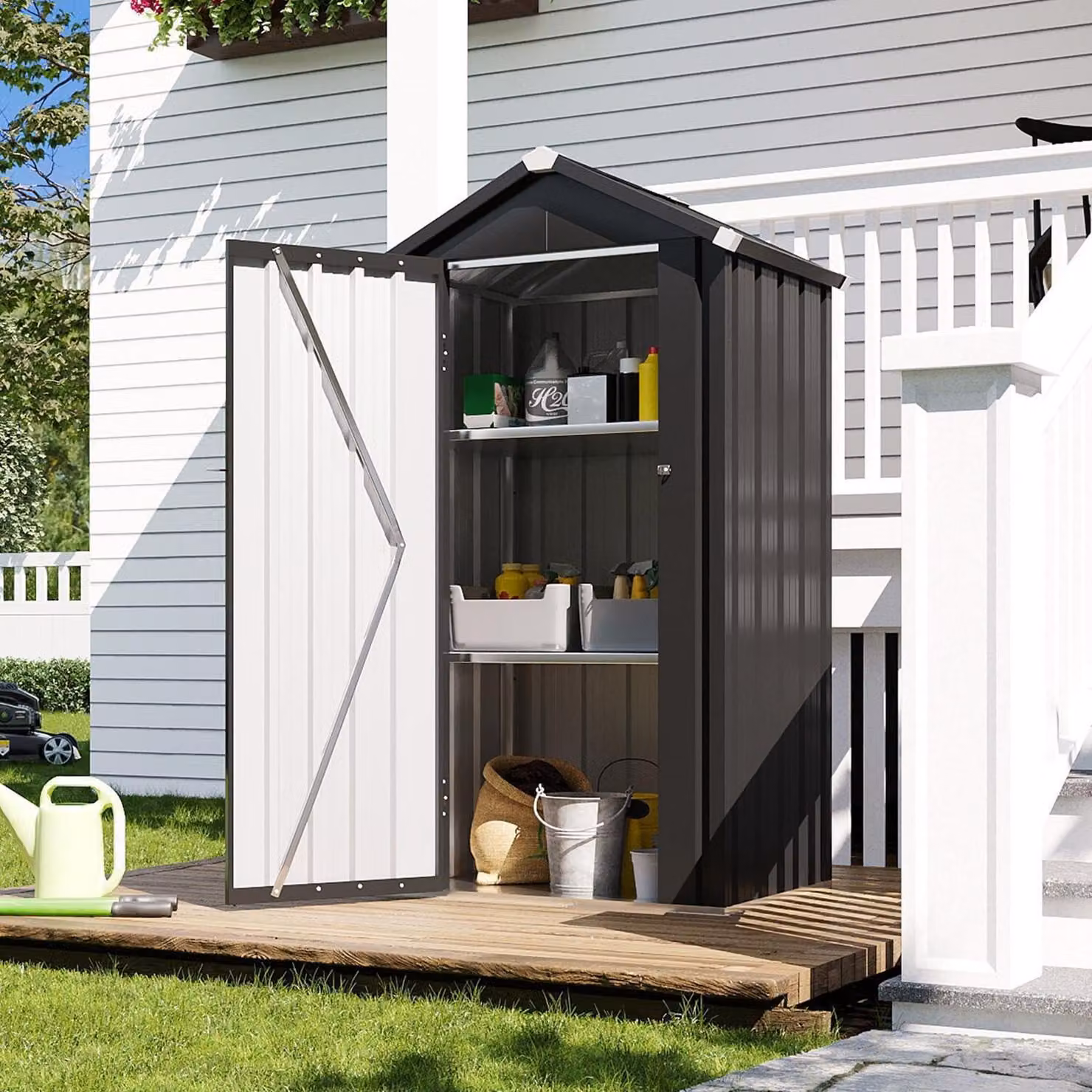 Casetta da giardino in metallo, dimensioni 87,5 x 67 cm, colore nero, altezza 160 cm, con 2 ripiani interni