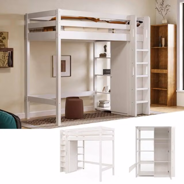 Letto a Soppalco 90x200 cm con Armadio e 6 Ripiani; Struttura in Legno Massello e Truciolato E1; Bianco