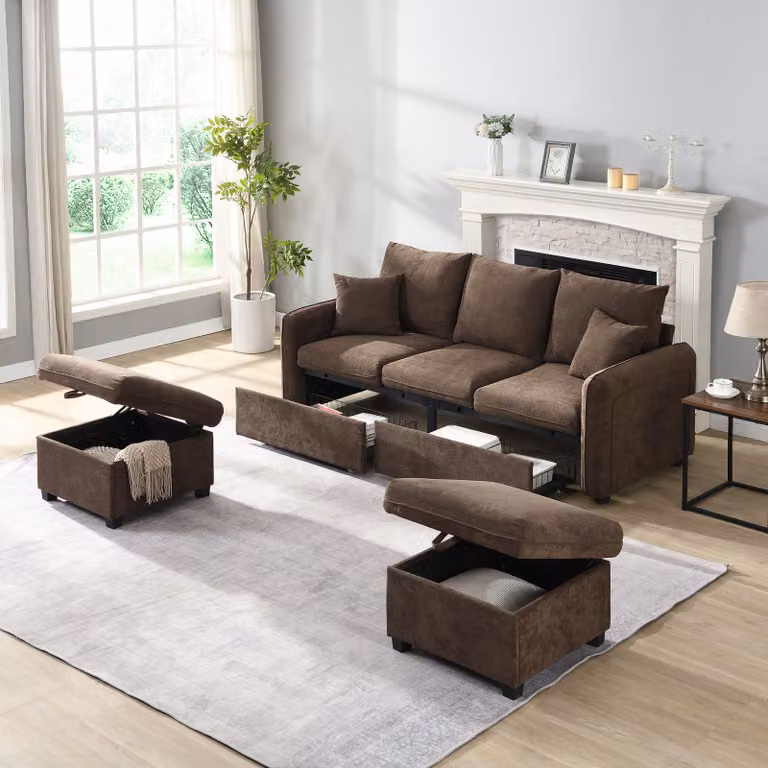 Divano angolare a U Merax con funzione letto e contenitore, set di divani a tre posti con 2 poggiapiedi - tessuto ciniglia, struttura in metallo, componibile, marrone