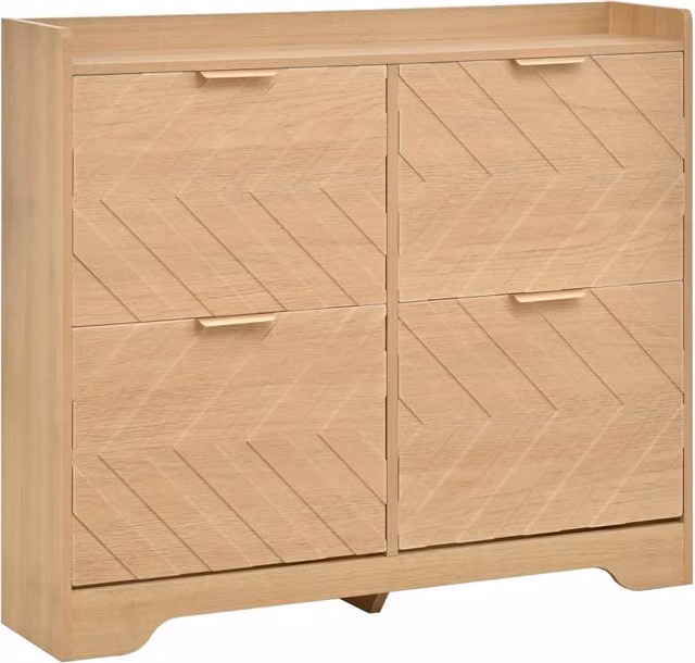 Scarpiera con 4 ante a ribalta, struttura 3D, piano superiore, salvaspazio, MDF color naturale, 105x24x90 cm