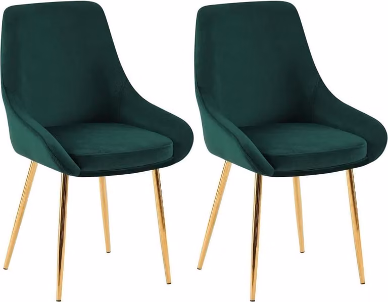 set di 2 sedie da pranzo - sedie in velluto - seduta confortevole, gambe dorate, verde