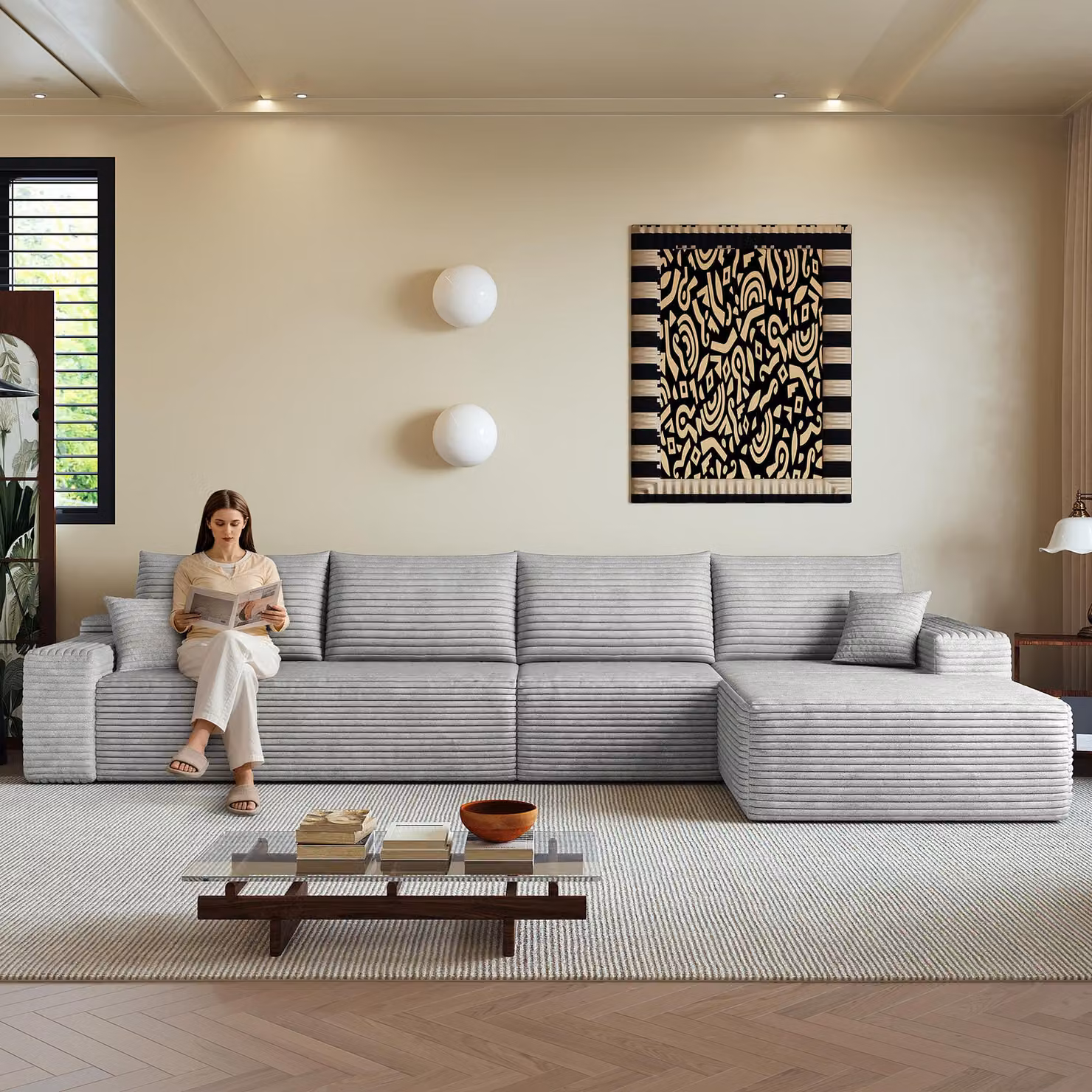 Divano angolare modulare senza schienale, con chaise longue a forma di L, design moderno, seduta profonda. Non richiede montaggio