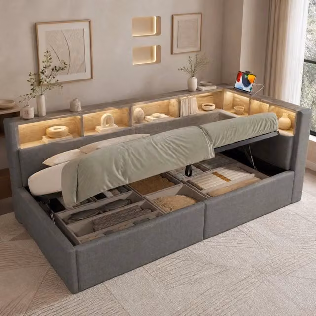 Letto moderno in tessuto grigio con illuminazione LED, porta USB e contenitore a contenimento idraulico L/P/H: 200 x 90 x 35 cm