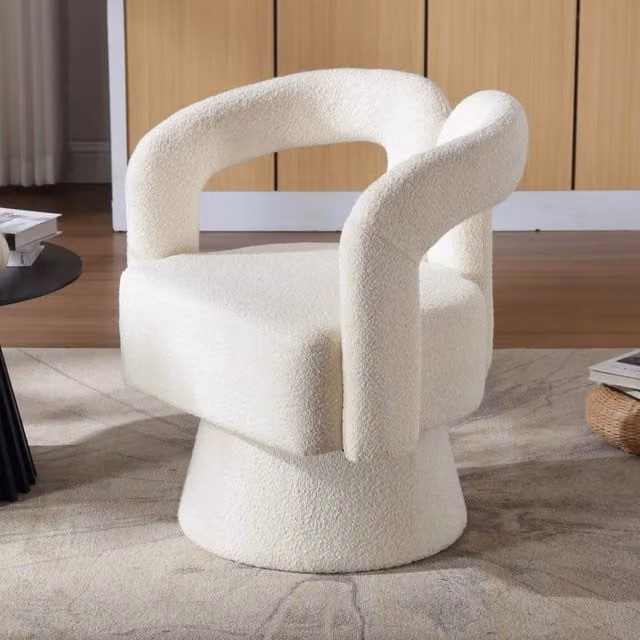 Sedia girevole Zephmum con rotazione a 360 gradi in tessuto boucle beige e struttura in legno e metallo – 1