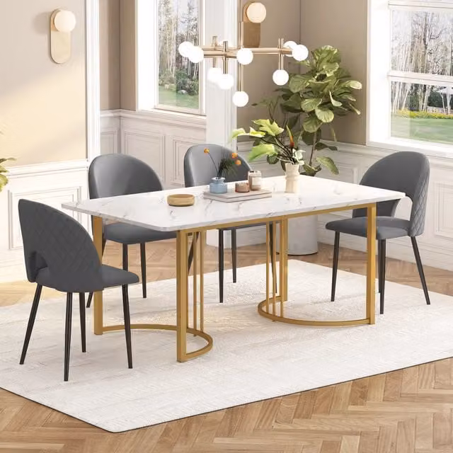 Set da pranzo Minimal composto da tavolo allungabile e 4 sedie in velluto grigio con piano bianco e gambe dorate L/P: 140 x 80 cm, H: 75 cm