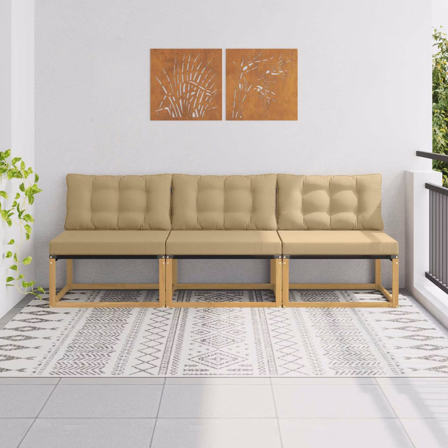 vidaXL Divano da esterno a 3 posti in legno di acacia con cuscini in tessuto beige
