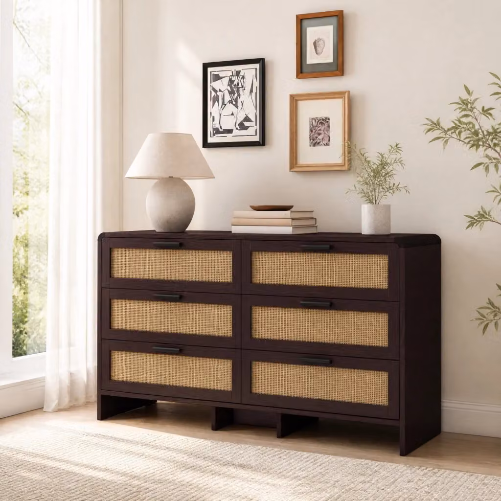 Cassettiera REDOM con 6 cassetti in rattan e pannello di particelle, colore marrone, Larghezza: 130 cm – 2