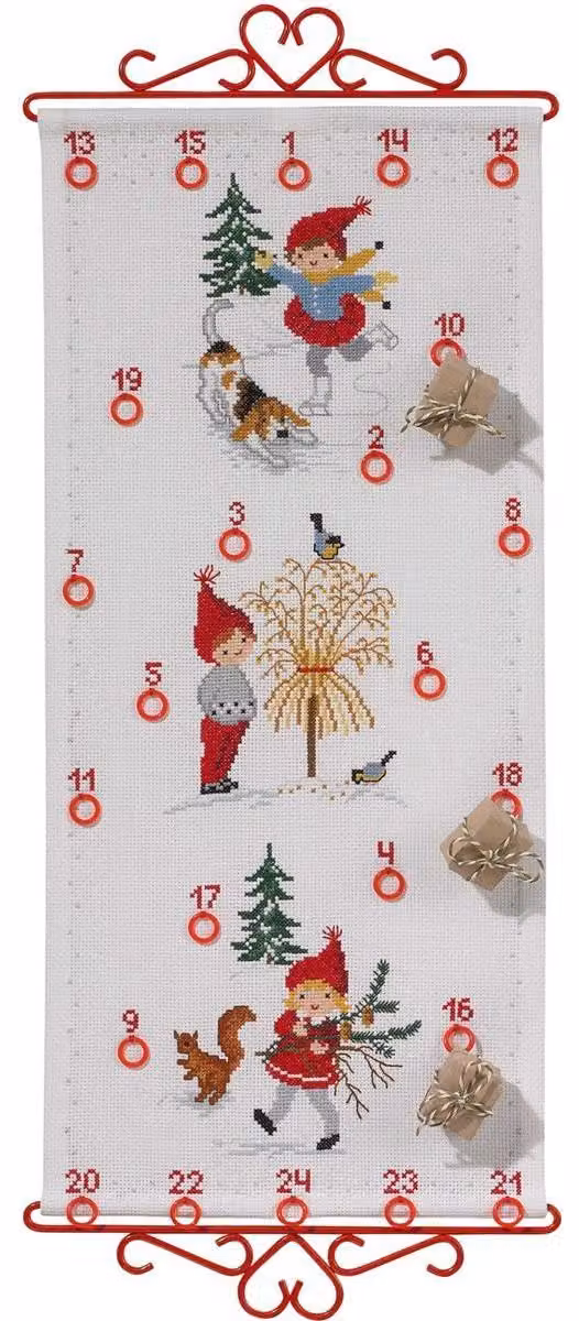 Kit per punto croce, calendario dell'Avvento, 25x55 cm, schema a punti, cotone