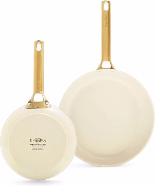 Set di padelle GreenPan Padova con rivestimento ceramico antiaderente ai diamanti, colore beige con manici dorati, diametri 20 cm e 26 cm
