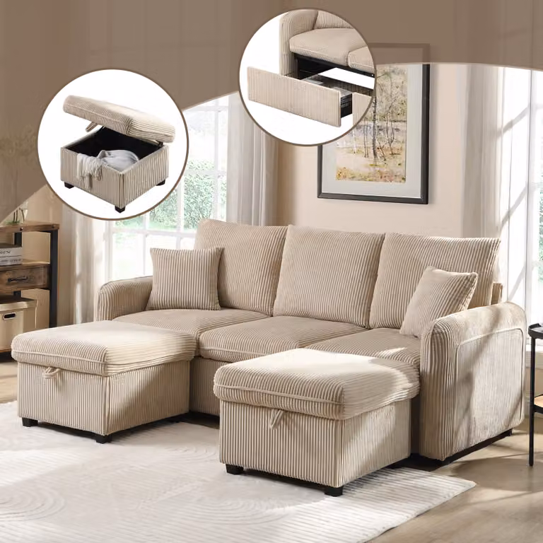 divano angolare okwish con funzione di contenitore, divano imbottito a U a tre posti con funzione di riposo, divano sfoderabile con cassetti + pouf con vano portaoggetti, Beige