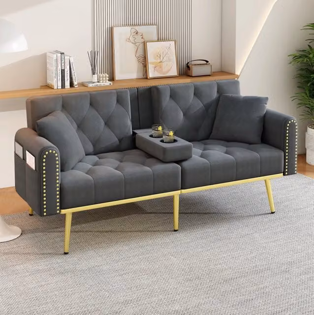 Divano letto reclinabile ULEVR 175x80x73,5 cm in velluto grigio, schienale a 3 posizioni, portabevande e tasche laterali