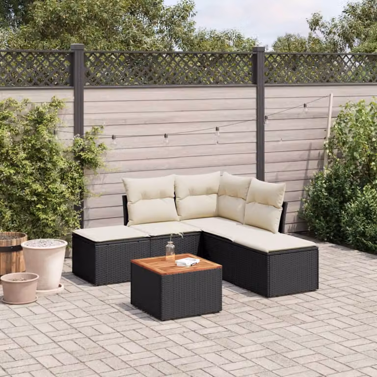 vidaXL Set Divano da Giardino 6 pz a L con Cuscini Nero in Polyrattan e Legno di Acacia