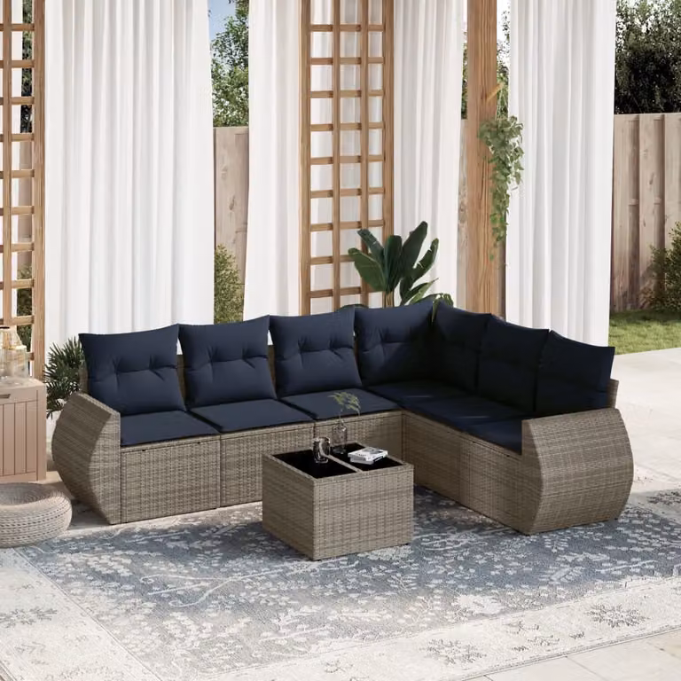 Set Divani da Giardino vidaXL 7 pz in Polyrattan Grigio con Cuscini e Tavolino da Esterno